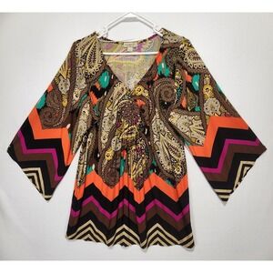 One World Women's Y2K Multicolor Rhinestone Boho Blouse Size L